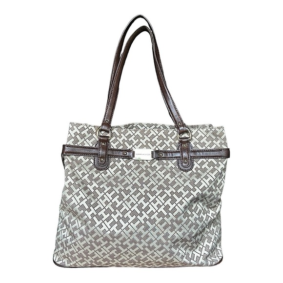 NEW Tommy Hilfiger Large Beige Tote Bag Brown Leather Trim - Picture 9 of 13